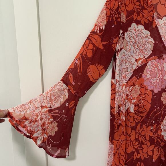 Free People Moroccan Roll Maxi Dress M Orange Red Flowers Boho No Slip Flaw - Picture 3 of 10